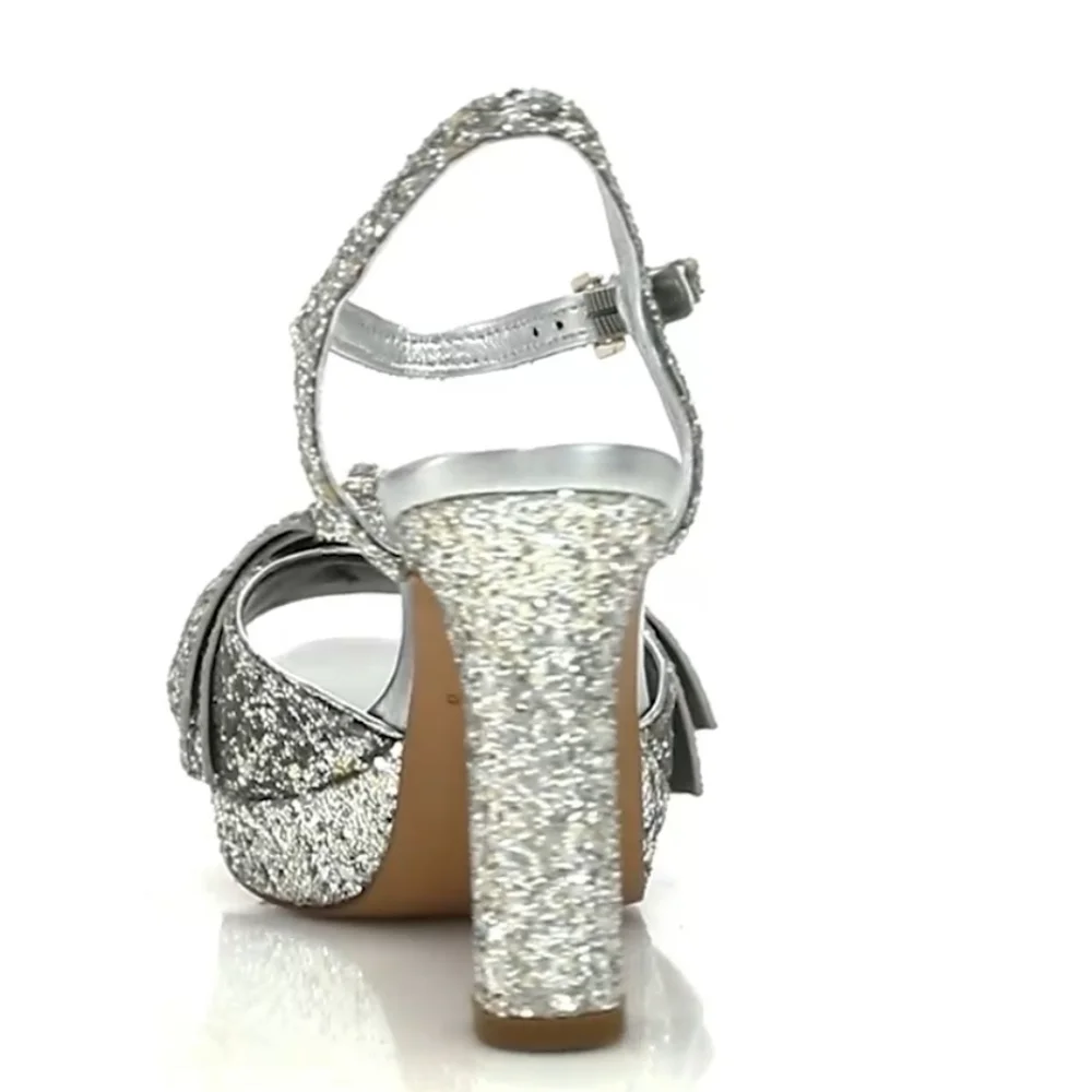 Kate Spade Miya Silver Glitter Bow Ankle Wrap Open Toe Platform Sandal Heel 7.5